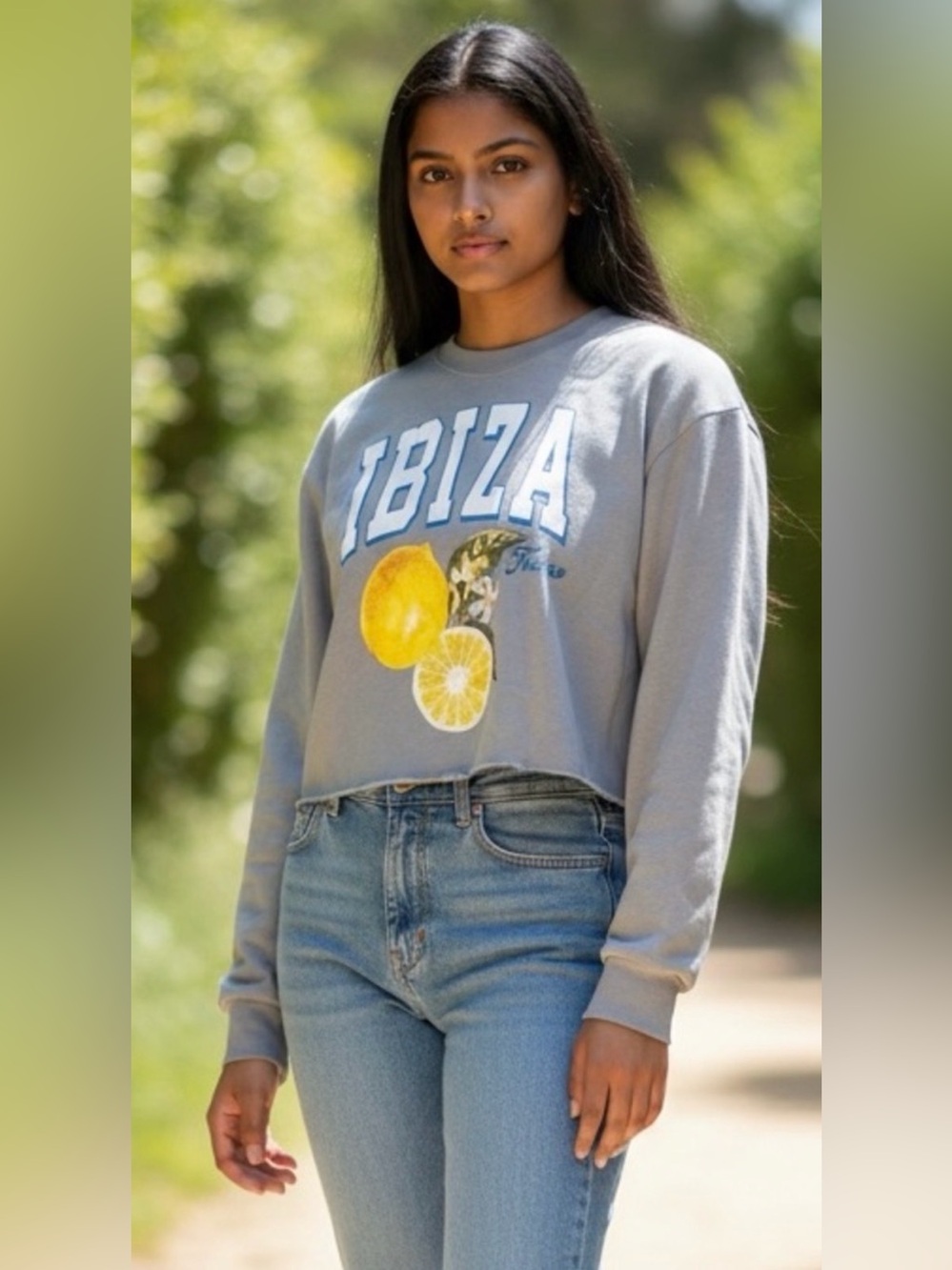 Goodie Two Sleeves Ibiza Graphic Cropped Sweatshirt- Medium, Euro, Mediterranean